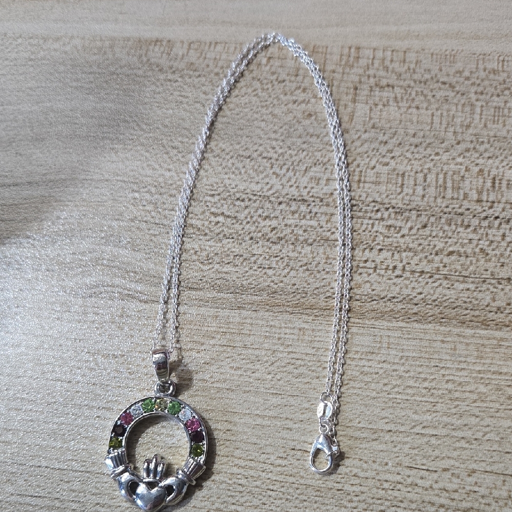 Vintage Silver Tone Claddagh Pendant Necklace with Green and Pink Gems 💫